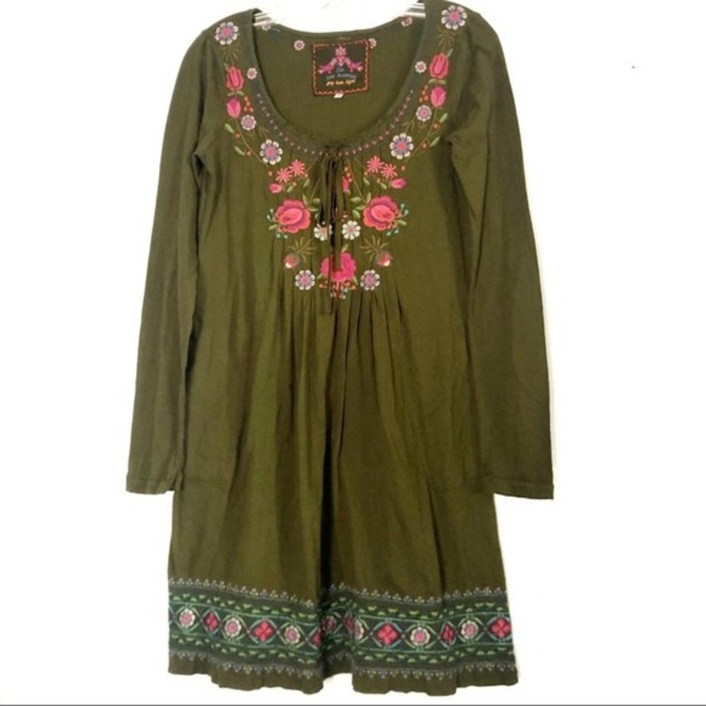 Johnny Was Los Angeles Green Embroidered Dress XS